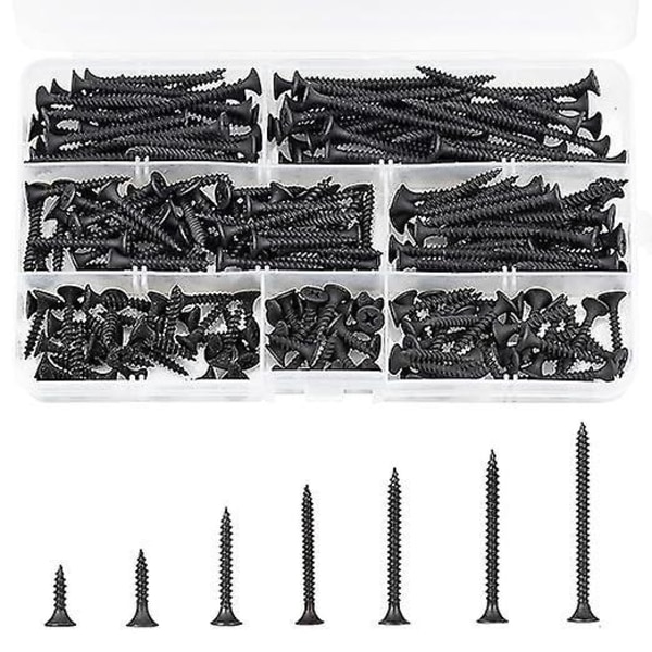 M3.5 Svarte Treskruer Sortiment, 220 stk Selvskjærende Treskruer Sett med Plastboks, Gipsplateskruer 3.5mm x (16/20/25/30/35/40/50mm)
