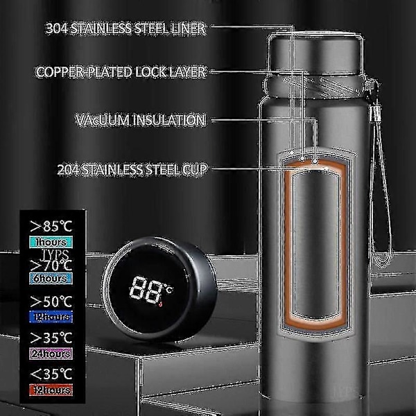 Smart Termosflaska 1000ml - Håller Kallt Och Varmt - Temperaturdisplay - Vakuumflaskor 1000ml gyllene