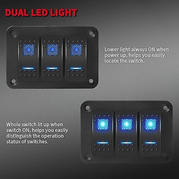 Marine Bryterpanel Vanntett 12V 3 Gang Vippebryterpanel Blått LED-lys Vekslebryter Aluminiumspanel Ferdigkablet for Bil Lastebil Båt RV UTV ATV RZR