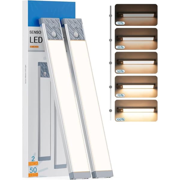 2 50 LED-sensor skåpbelysning, varmt ljus, silverhölje