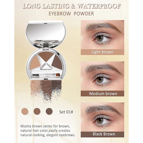 Ögonbrynspuder Makeup Kit, 3 Färger Ögonbrynspuder Långvarig Vattentät, Tonat Ögonbrynspuder Medium Mörkgrå Brun Brynutfyllnad