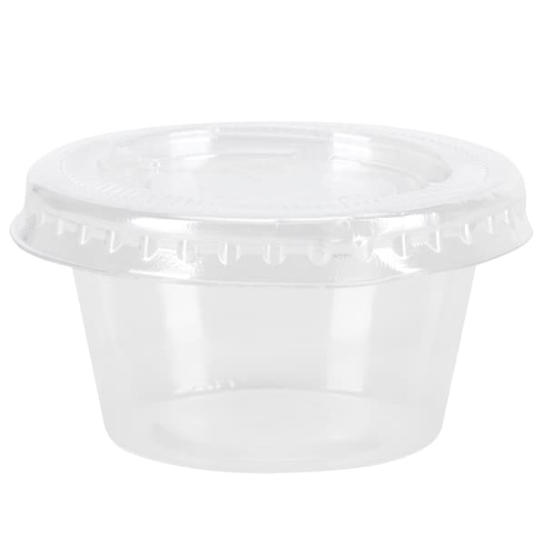 100 st engångsförpackningslåda för sås, transparent rund kryddkopp med lock 2 oz