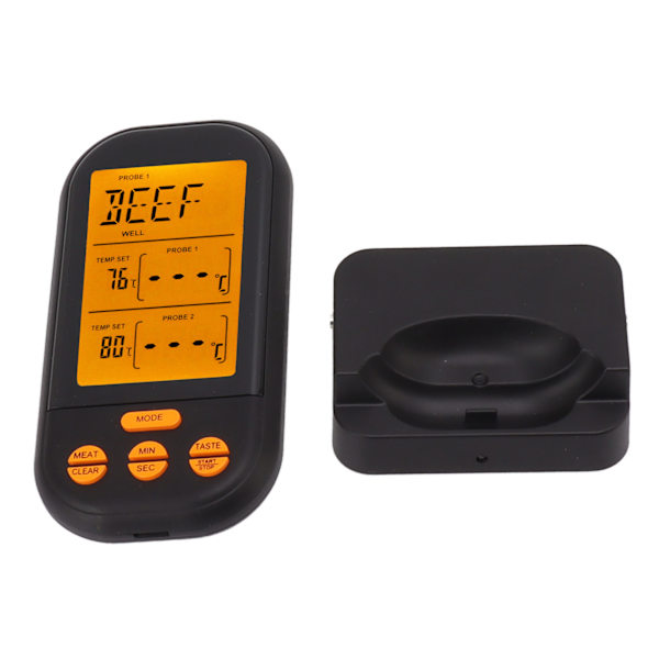EN2010 1 Trådlös Dubbelprob Termometer Kök Kött Termometer Digital Grill Termometer Svart med Orange Bakgrundsbelysning