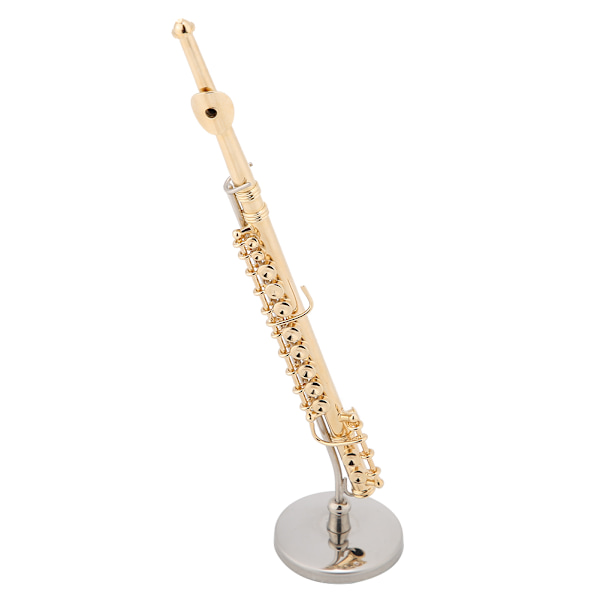 Miniatyrfløytekopi med stativ og etui Gullbelagt instrumentmodell Musikalske ornamenter