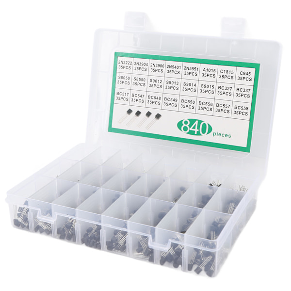 840 stk BC337 BC549 A1015 Transistor Diode Triode 24 verdier NPN PNP Power General Purpose Transistor Assortment Kit