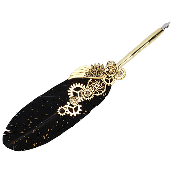 Fjærpenn Business Fire Lacquer Stamp Europeisk Retro Stil Sprinklet Gull Fjær Rustfritt Stål Dip Pen Set med Blekkpose Svart