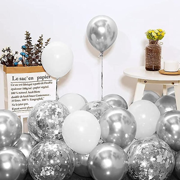 Vitt och silver set med ballongkedja - födelsedagsfestdekorationspaket
