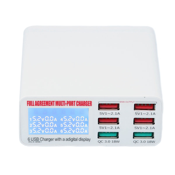 QC3.0 Multi USB Vægoplader 6 Muti Port USB Adapter Strømstik Hurtigopladningsblok Cube med LED-display 100‑240VUK Stik