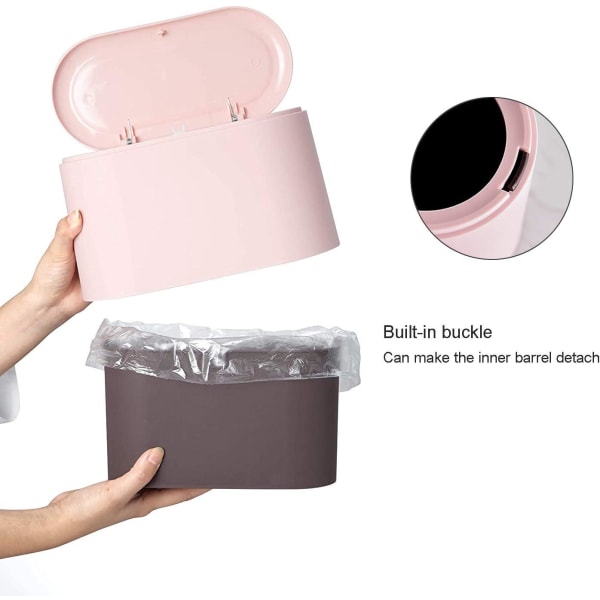 Liten (rosa) papperskorg med tryckknappslock för kontor, badrum, kök och sovrum, förvaring av husdjursfoder