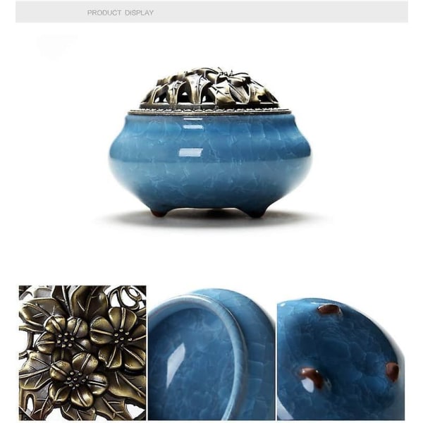 Blå keramisk røgelse brænder med messing Calabash røgelse holder