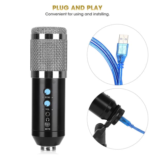 Kondensatormikrofon Stabil USB Desktop Stativ MIC Høj Følsomhed Justerbar Vinkel til PC Sølv