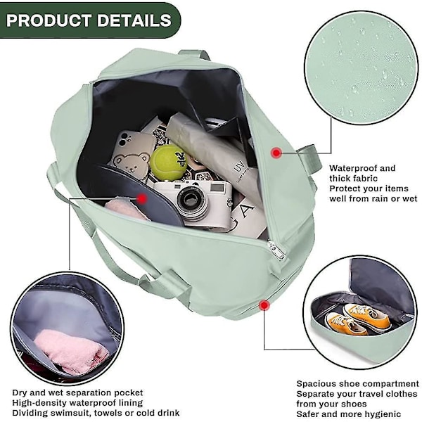 Stor vattentät weekend duffelväska för kvinnor, 36L, hopfällbar gymväska grön