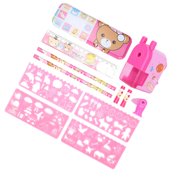 Barnens skolmaterial set studie målning tecknad pennfodral vässare sudd linjal rosa