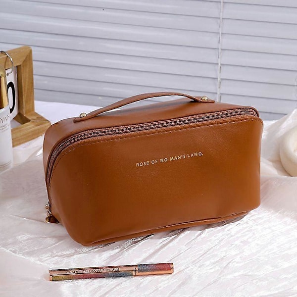 Stor Makeup Taske i Læder Multifunktionel Organizer til Kvinder Vandtæt Rejse Kosmetik Taske Opbevaringsetui MochaBrown