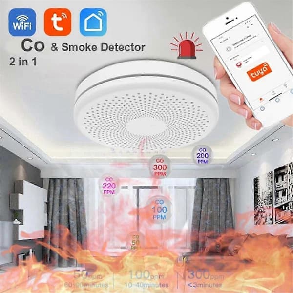 Smart WiFi rök- och kolmonoxiddetektor med APP-varningar, 2-i-1 brandlarm för hemsäkerhet, trådlös sensor White