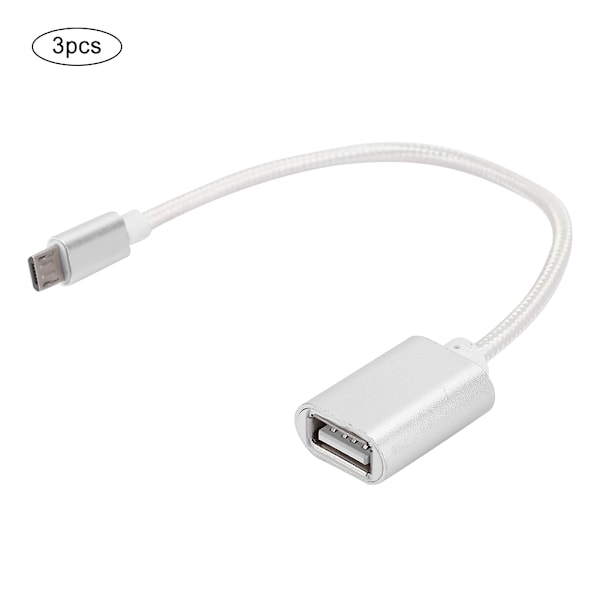 3 stk. flettet kludforstærket stik, ingen rust, jævn transmission, USB-indgang, mikro-udgang, OTG-adapterkabel til Android, sølv