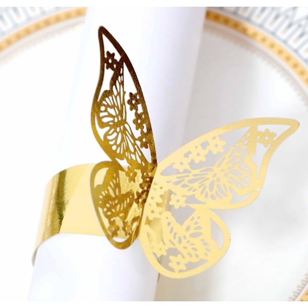 Laserkuttet Butterfly Serviettringer - Sett med 100 | Gullfolie Papir Serviettholdere for Bryllup, Fester og Restauranter | Elegant Borddekorasjon