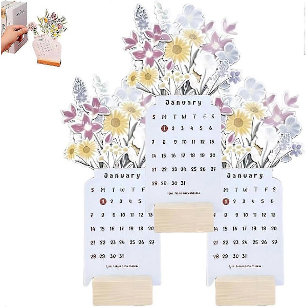 2024 Bloomy Flowers Pöytäkalenteri, Luova Kukka-aiheinen Pöytäkalenteri, 2024 Kukka-teemainen Kalenteri, Joululahjat Uudenvuodenlahjat B 3kpl