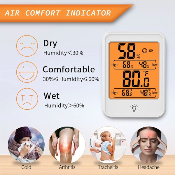 Digitalt innendørs termometer-hygrometer-innendørs termometer-innendørs termometer-temperatur- og fuktighetsmonitor-med bakgrunnsbelysning