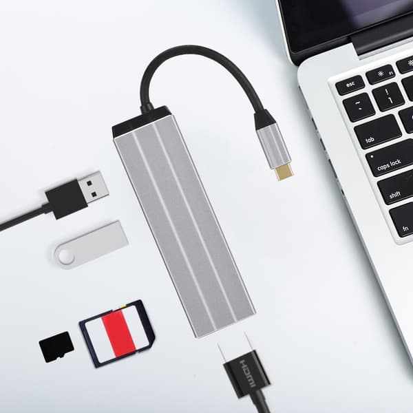 6-in-1 Type-C TF+Secure Digital -muistikortti+USB2.0+USB3.0+HDMI+USB-C PD -laajennustelakka