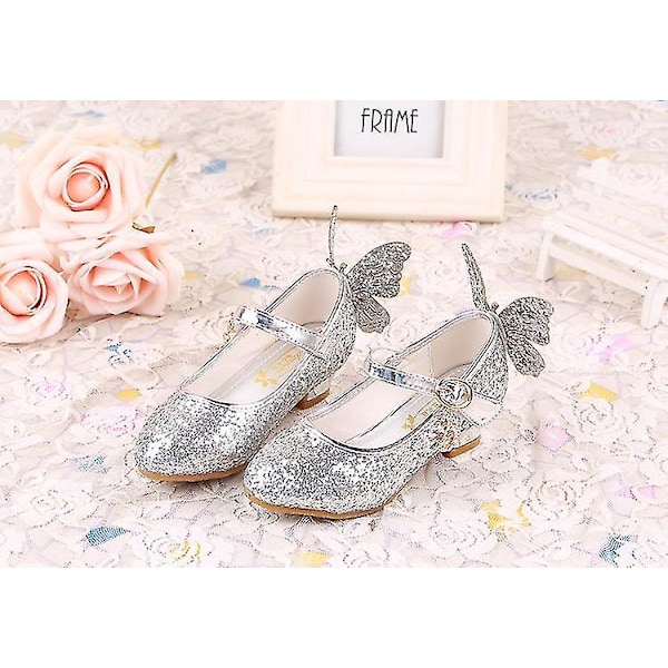 Princess Glitter High Heel Flickor Skor - Barn Läder Fjäril Design29 Silver