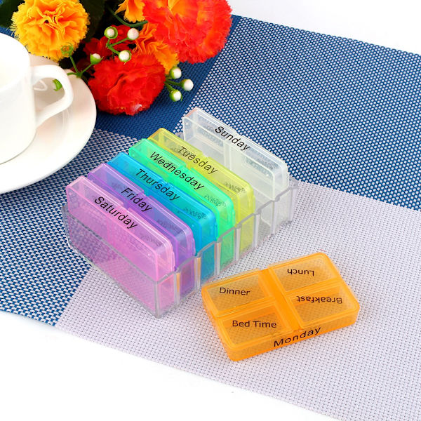 7 päivän viikoittainen annostelija iltapäivällä Säilytys pillerirasiasäiliö Tablettilajittelija Case organizer