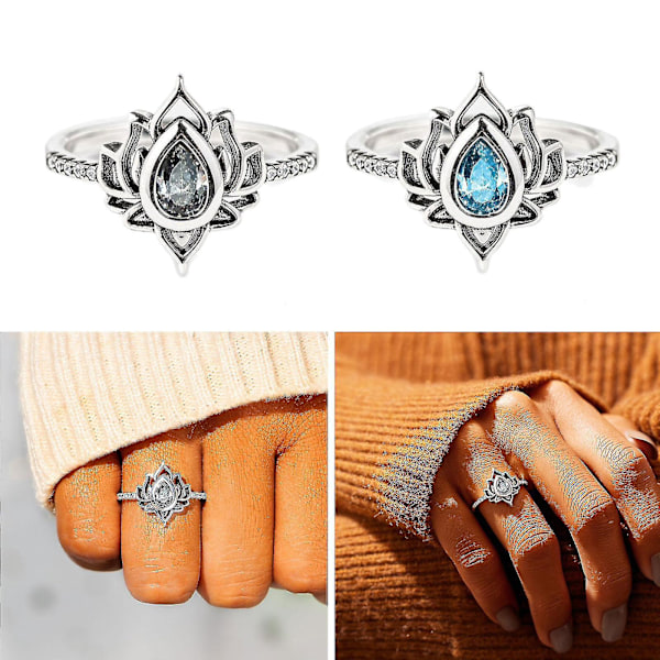 Blå Rhinestone Lotus Blomma Ring för Kvinnor och Flickor 9 Klar