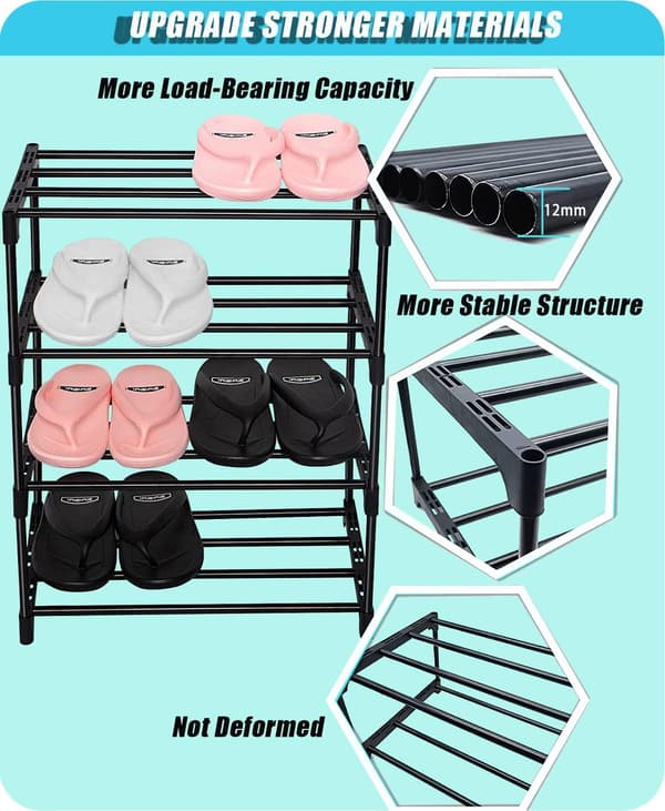 Small Shoe Rack - Stackable Small Shoe Rack - Multifunctional Metal Shoe Rack (Black 4 Tiers)
