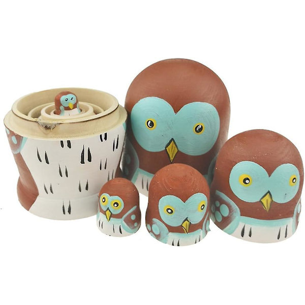 Bedårande Cartoon Wise Owl Nesting Dolls - Set med 5 | Handgjord staplingsleksak i trä | Barnleksakspresenter och ugglaprydnader