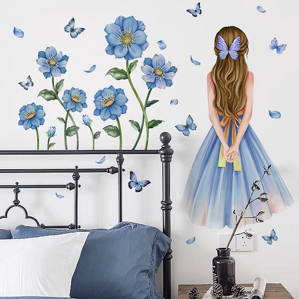 En uppsättning väggdekaler Flicka med blommor Fjärilar Väggdekor Väggdekoration för Vardagsrum Sovrum Kontor