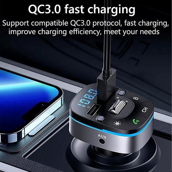 Bluetooth FM-lähetin autoon, kaksi USB-latausliitäntää, MP3-soitin, TF-kortti, USB-asema, handsfree-puhelut, 7 väriä