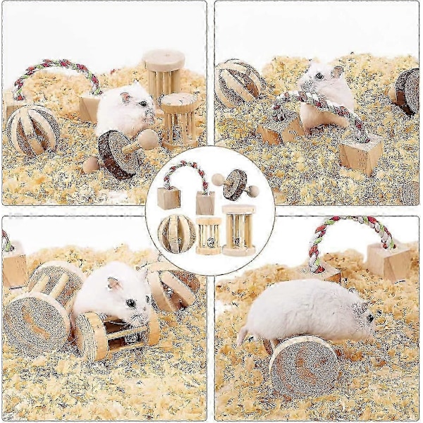 5 delar hamsterkaka, naturligt trä, tuggleksaker, övningslek, bell roller, tandvård, molar