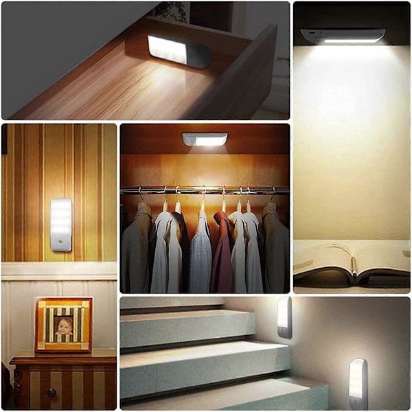 Automatisk Lys, Bærbar Bevegelsessensor Lys, 3 Modus Nattlys 12 LED USB Oppladbar med Magnetisk Klistremerke Varmt Lys for Garderobe/Gang/Trapp