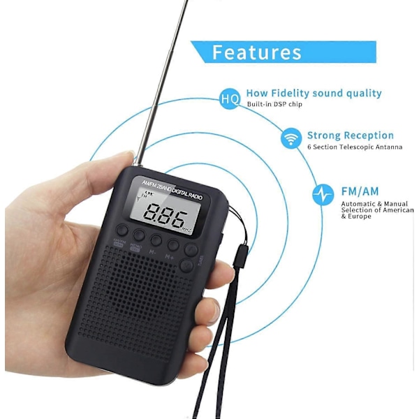 Bærbar Radio Mini Radio Lommeformat FM/AM Digital DSP Personlig Radio med Høyttaler Vekkerklokke & Timer, Håndholdt Radio med Øretelefoner, Støtter Repla