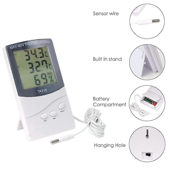 Digitalt termometer med to sensorer til indendørs og udendørs brug, perfekt til vinter. Viser - Temperatur, Vejr, Alarm og Monteringskrog_SZXM