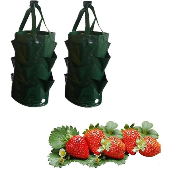 Sett med 2 grønne jordbærplanteposer med 8 hull for opphenging av hagevekst av jordbær, poteter, tomater og blomster