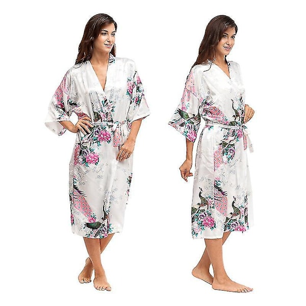 Luksuriøs silkesateng kimono-morgenkåpe - Elegant nattøy for kvinner XL hvit