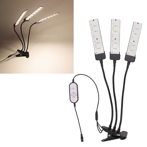 LED Grow Light Clip Designet Svanehals Fuld Spektrum Tre Hoveder med Timer til Sukkulente Planter 100‑240V EU Stik