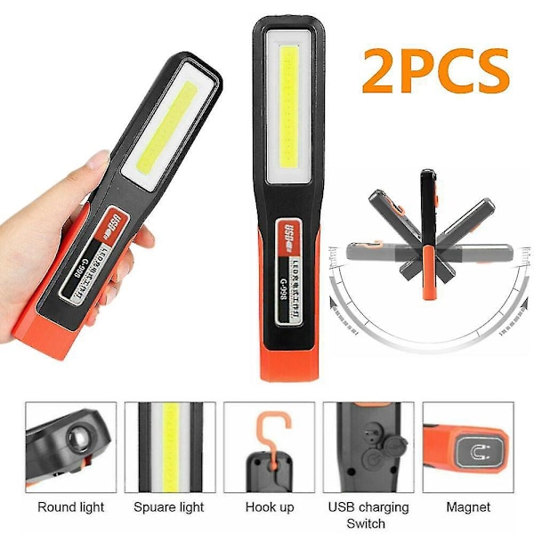 2 st Cob Led Sladdlös Magnetisk Arbetslampa Usb Inspektionslampa Ficklampa Uppladdningsbar