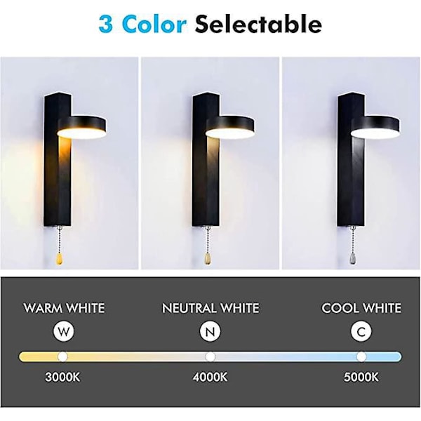 LED Utelys rund vegglampe med kabelbryter Svart 27 x 12 x 5 cm