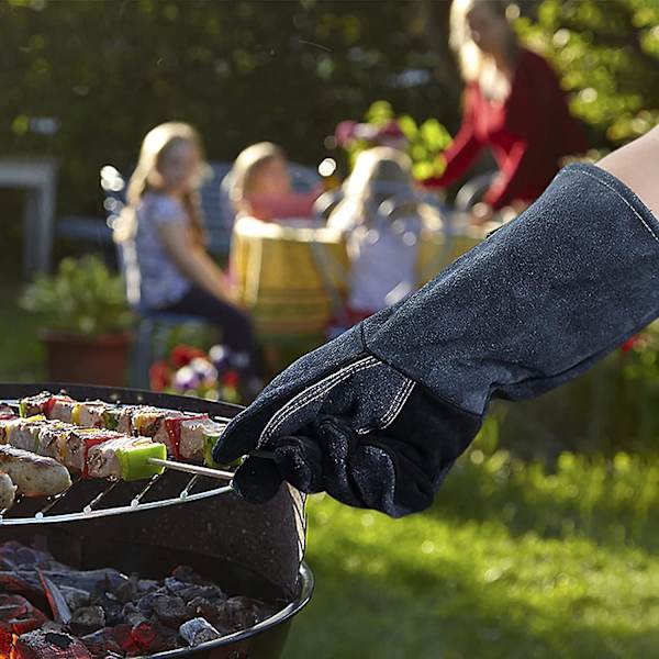 Varmebestandige grillhandsker - op til 800°C, skridsikre, flammehæmmende, med underarmsbeskyttelse, til grill, bagning, pejs