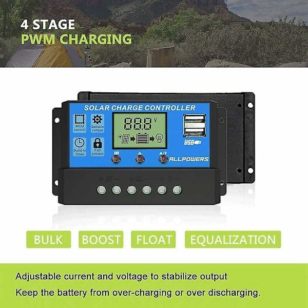 20A Solcelle Oplader Controller Smart Solpanel Regulator med USB Port Display 12V/24V,