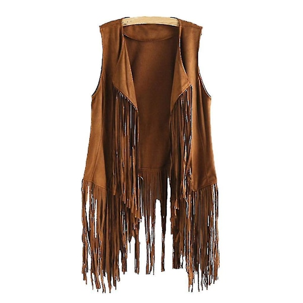 Frynsede Tassels Faux Suede Ærmeløs Hippie Jakke, Åben Front Cardigan - Khaki M