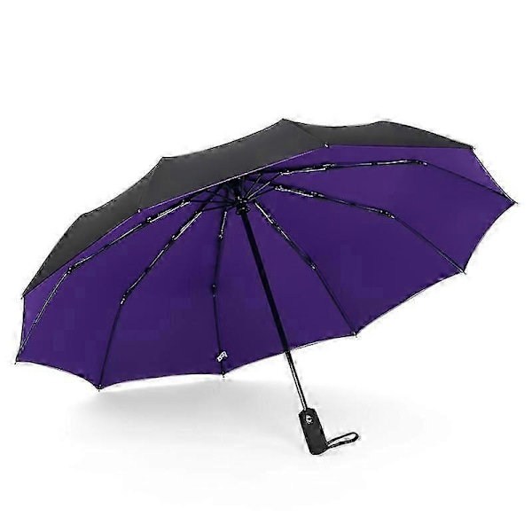 Automatisk Åbning og Lukning 10 Ribber Dobbelt Lag Vindtæt Paraply Foldbar Parasol Lilla