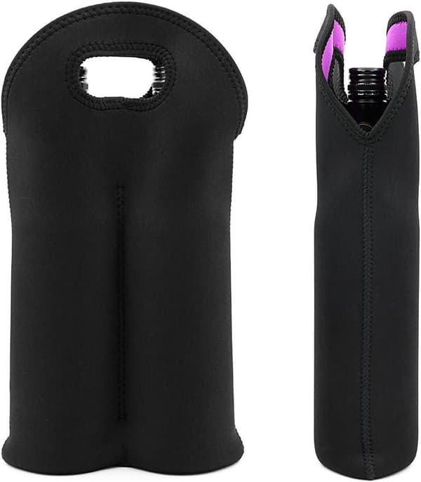 Isolerade flaskhållare, var och en med plats för två flaskor, i svart neopren, för vinflaskor och andra drycker