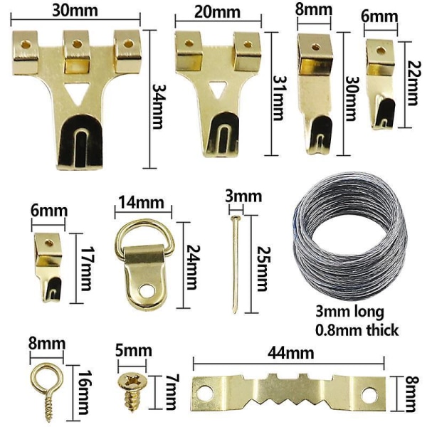 220-delers bildeopphengssett med sølvkroker, skruer, spiker, D-ring, skruøye og sagtannhengere