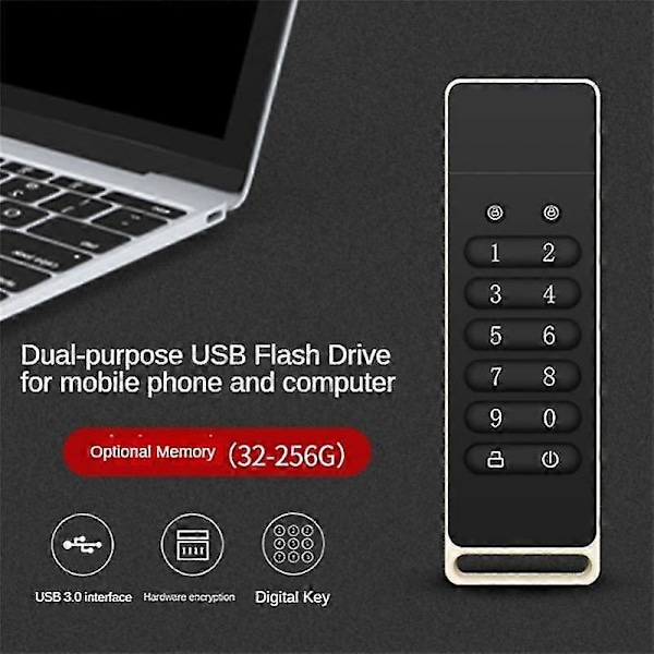 Säker USB-enhet, 32GB Krypterad USB-minne Hårdvarulösenord Minnessticka med Knappsats USB 3.0