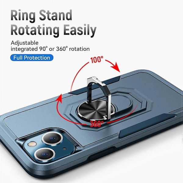 Nyt Design Cover til iPhone 13 med 360 Graders Roterende Ring Stødsikkert Dobbelt Lag Beskyttelses Cover TPU og PC Beskyttelses Cover Kompatibelt, Blå