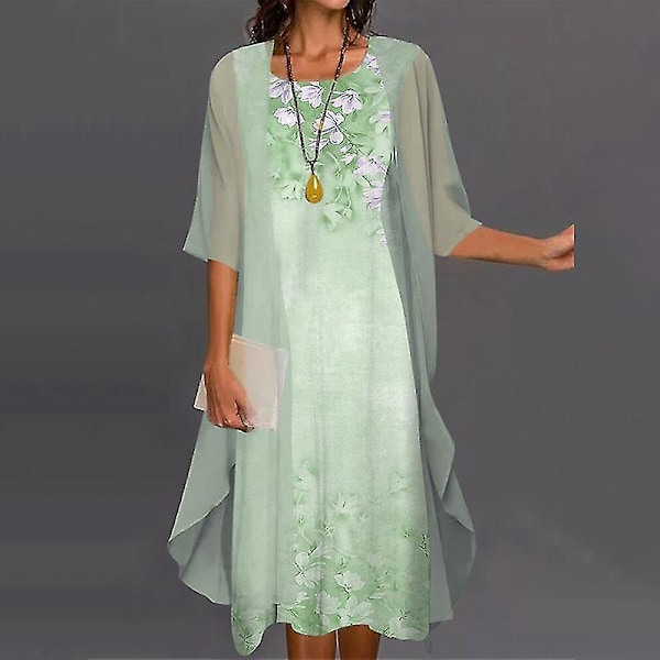 Bohemian Floral Print Two-Piece Dress Set in Light Green for Women