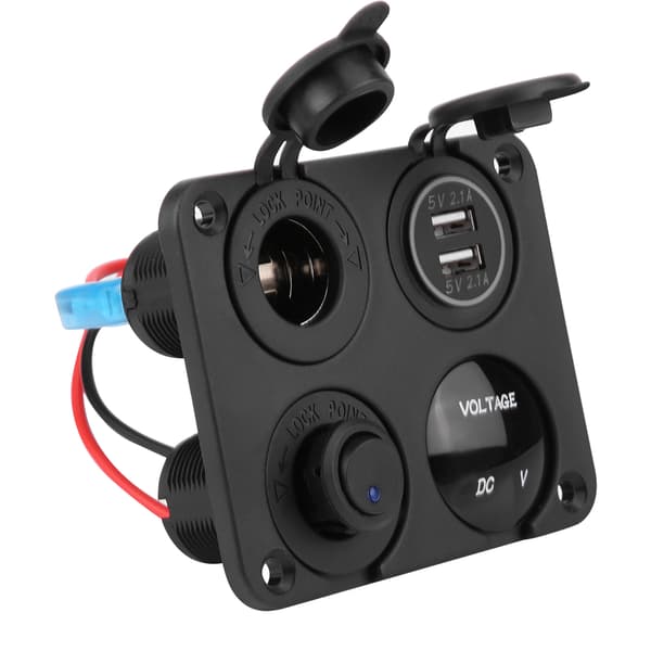 4-veis PÅ/AV-vippebryterpanel Dobbel USB-lader Sigarettenneruttak Voltmeter Blå LED